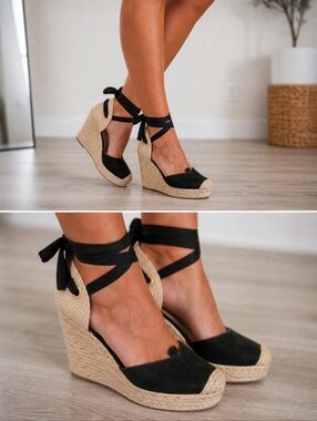 ON 34TH Melindaa Black Espadrille Wedge Sandals Lace-Up Size 9.5M NIB